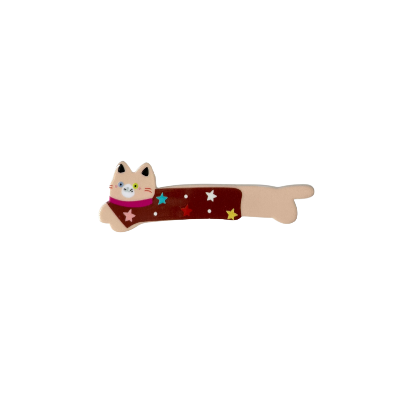 A whimsical beige cat hair clip decorated with colourful stars and a sweet pink collar — playful, girly, and perfect for soft‑girl and kawaii hairstyles.