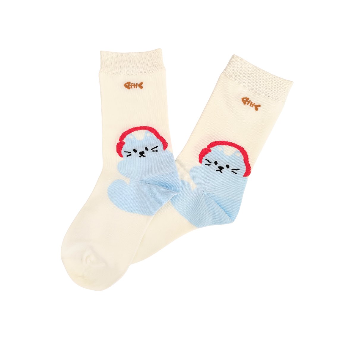 Cream knit socks with a blue cat wearing red headphones near the ankle and a small brown fishbone graphic near the top