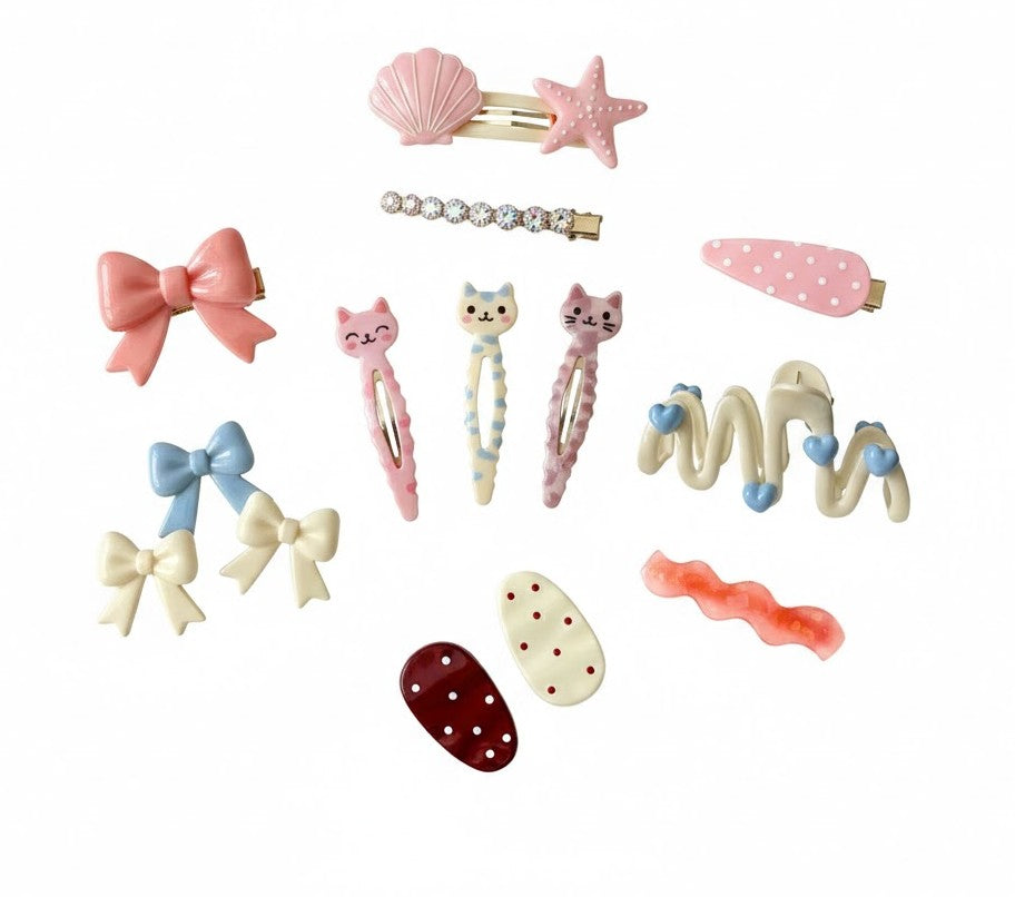 Cute pastel hair accessories for girls, including bows, cat hair clips, shell and starfish designs, sweet and playful styles perfect for everyday wear and gifting
