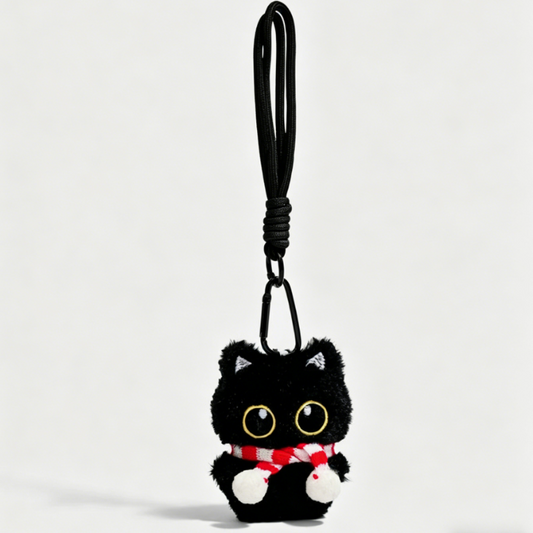 Three black cat plush bag charms with embroidered eyes and striped scarves, each attached to a clip for bags or keys.