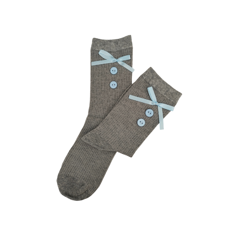 Gray socks with blue buttons on a white background