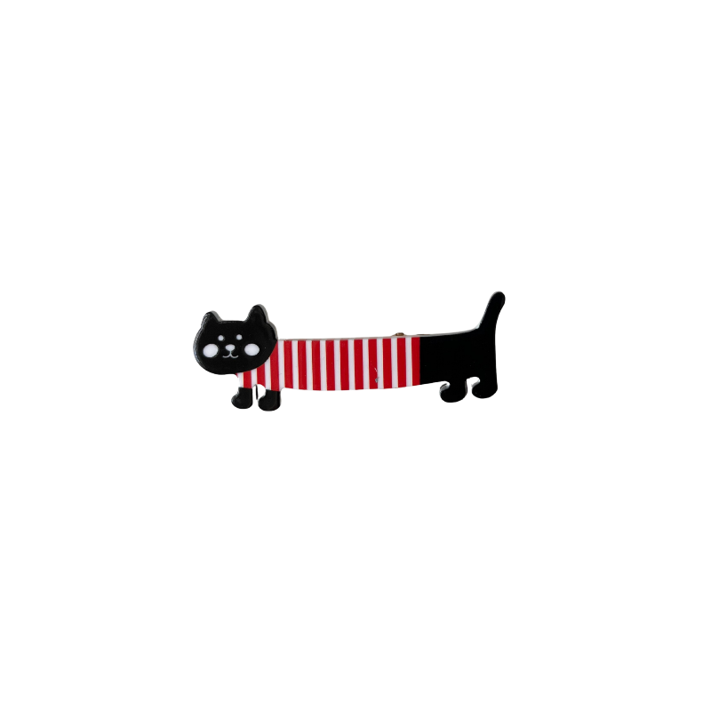 A playful black cat hair clip with a red‑and‑white striped body — cute, quirky, and perfect for soft‑girl, kawaii, and everyday fun styling.