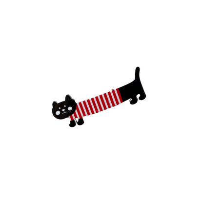 Black cat with red and white striped sweater on a white background