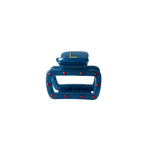 A cute square‑shaped blue claw clip sprinkled with tiny red dots — sweet, playful, and perfect for soft‑girl hairstyles.