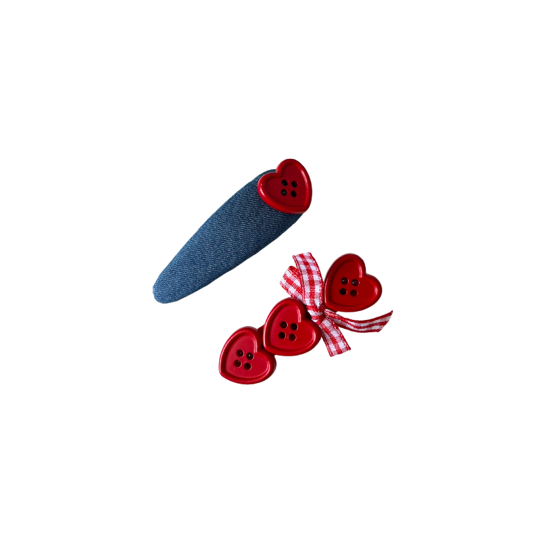 A sweet 2‑piece red heart hair clip set featuring a denim‑style clip with a heart button and a triple‑heart clip with a gingham bow — perfect for soft‑girl, kawaii, and everyday cute hairstyles.