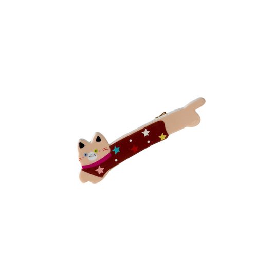 A whimsical beige cat hair clip decorated with colourful stars and a sweet pink collar — playful, girly, and perfect for soft‑girl and kawaii hairstyles.