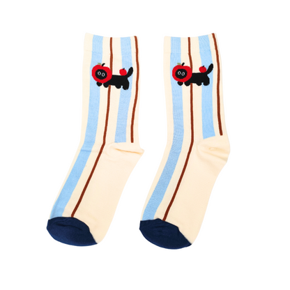 A pair of ultra‑cute, soft‑girl striped socks featuring an adorable apple‑headed kitty design. Cozy, playful, and perfect for adding a sweet pop of personality to any outfit.