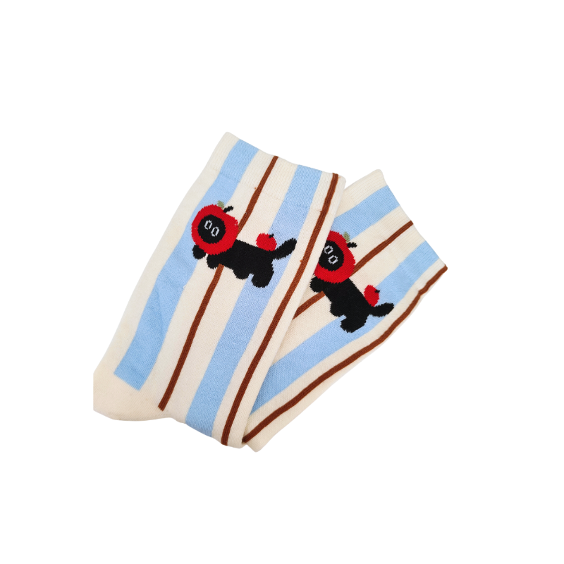A pair of ultra‑cute, soft‑girl striped socks featuring an adorable apple‑headed kitty design. Cozy, playful, and perfect for adding a sweet pop of personality to any outfit.