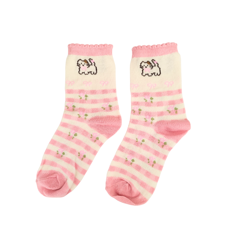 Pair of pink and white striped socks with a small dog illustration on a white background
