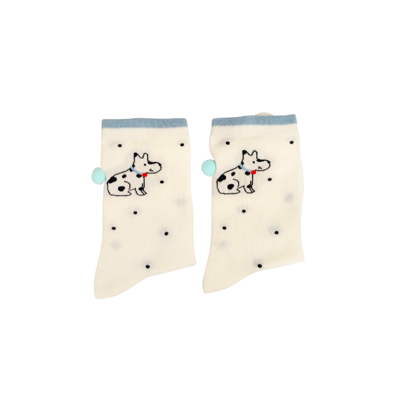 Cute white polka‑dot socks with an adorable puppy and blue pom‑pom detail. Soft, cozy, and perfect for adding a playful, girly touch to everyday outfits.