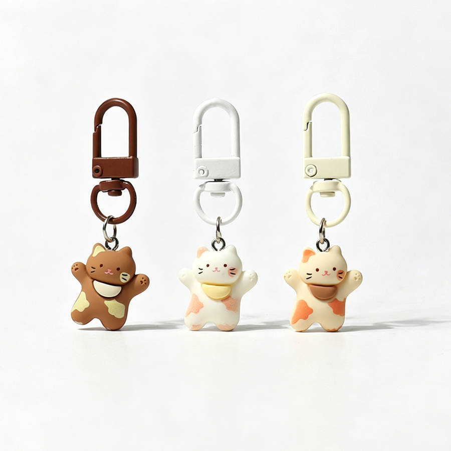 Set of three handmade kitty keychains with raised‑paw designs and matching carabiner clips in brown, white, and tri‑colour styles