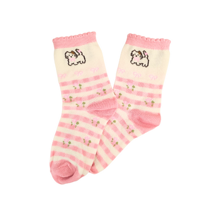 Pastel pink‑and‑white striped socks with tiny green floral accents and an adorable white kitty wearing a pink bow. Soft, sweet, and perfect for girly everyday outfits.