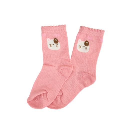 Pink crew socks with scalloped cuffs and an embroidered white cat face with a brown patch near the top