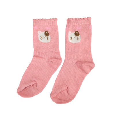 Pink crew socks with scalloped cuffs and an embroidered white cat face with a brown patch near the top