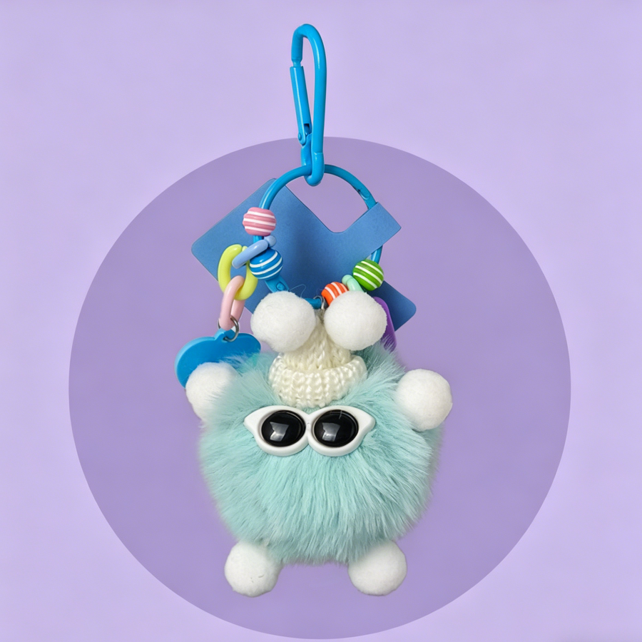 Fluffy plush bag charms in pastel colours, each with a knitted hat, sunglasses, colourful beads, and a matching clip.