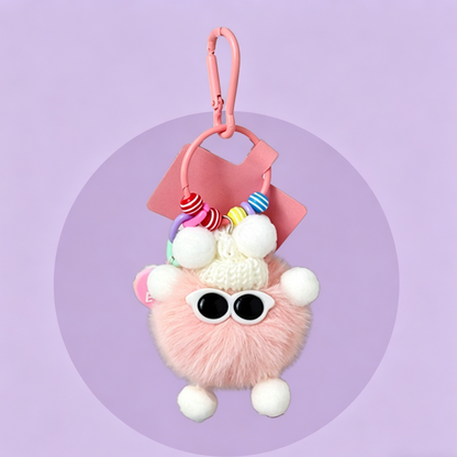 Fluffy plush bag charms in pastel colours, each with a knitted hat, sunglasses, colourful beads, and a matching clip.