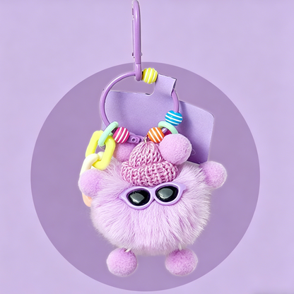 Fluffy plush bag charms in pastel colours, each with a knitted hat, sunglasses, colourful beads, and a matching clip.