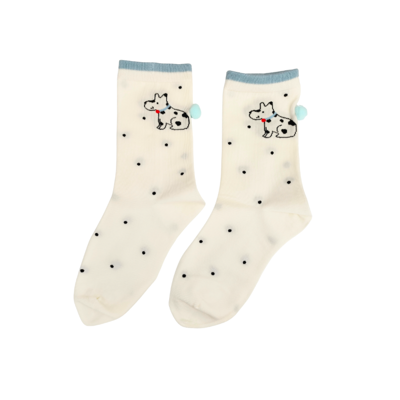 Cute white polka‑dot socks with an adorable puppy and blue pom‑pom detail. Soft, cozy, and perfect for adding a playful, girly touch to everyday outfits.