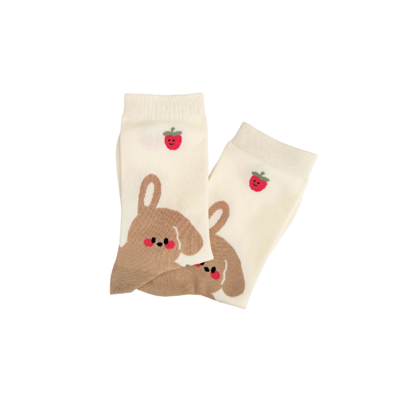 Cute cream socks with a sweet bunny and strawberry design. Soft, cozy, and perfect for adding a playful, girly touch to everyday outfits and gifting.