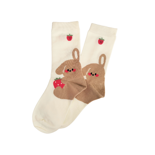 Cute cream socks with a sweet bunny and strawberry design. Soft, cozy, and perfect for adding a playful, girly touch to everyday outfits and gifting.