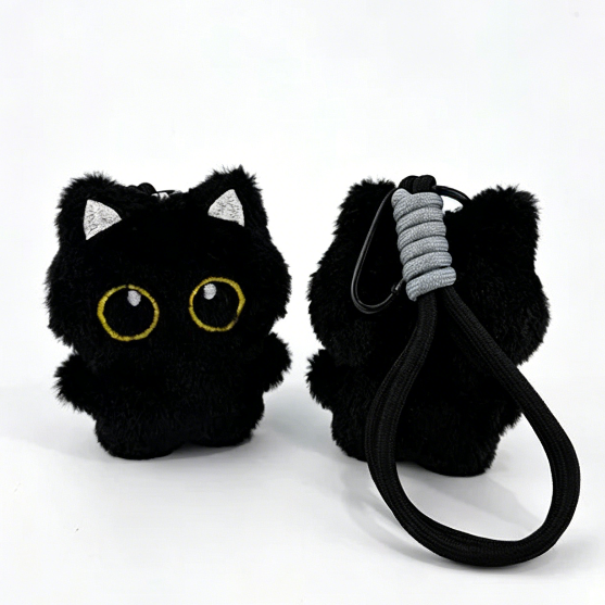 Three black cat plush bag charms with embroidered eyes and striped scarves, each attached to a clip for bags or keys.